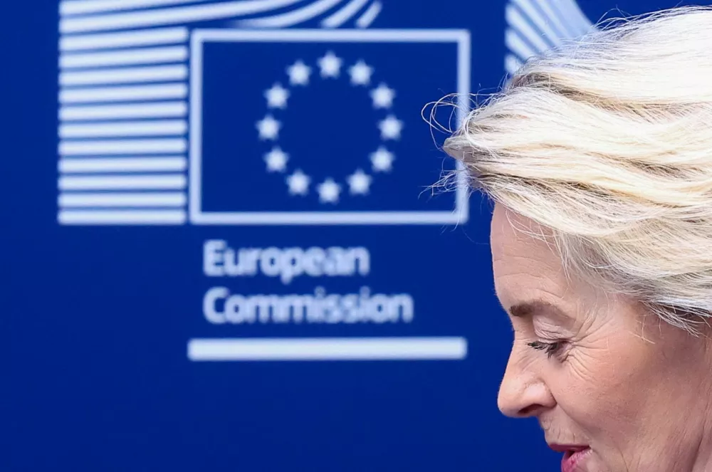 European Commission President Ursula von der Leyen looks on as she meets with Iceland's Prime Minister Kristrun Frostadottir (not pictured), in Brussels, Belgium April 9, 2025. REUTERS/Yves Herman