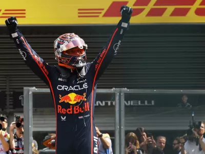 Formula One F1 - Belgian Grand Prix - Circuit de Spa-Francorchamps, Stavelot, Belgium - July 26, 2025 Red Bull's Max Verstappen celebrates winning the sprint race REUTERS/Yves Herman