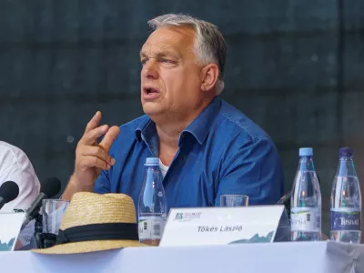 Hungarian Prime Minister Viktor Orban delivers a speech to ethnic&nbsp;Hungarians, at Balvanyos Summer University, in Baile Tusnad, Romania, July 26, 2025. Inquam Photos/Tudor Pana via REUTERS ATTENTION EDITORS - THIS IMAGE WAS PROVIDED BY A THIRD PARTY. ROMANIA OUT. NO COMMERCIAL OR EDITORIAL SALES IN ROMANIA