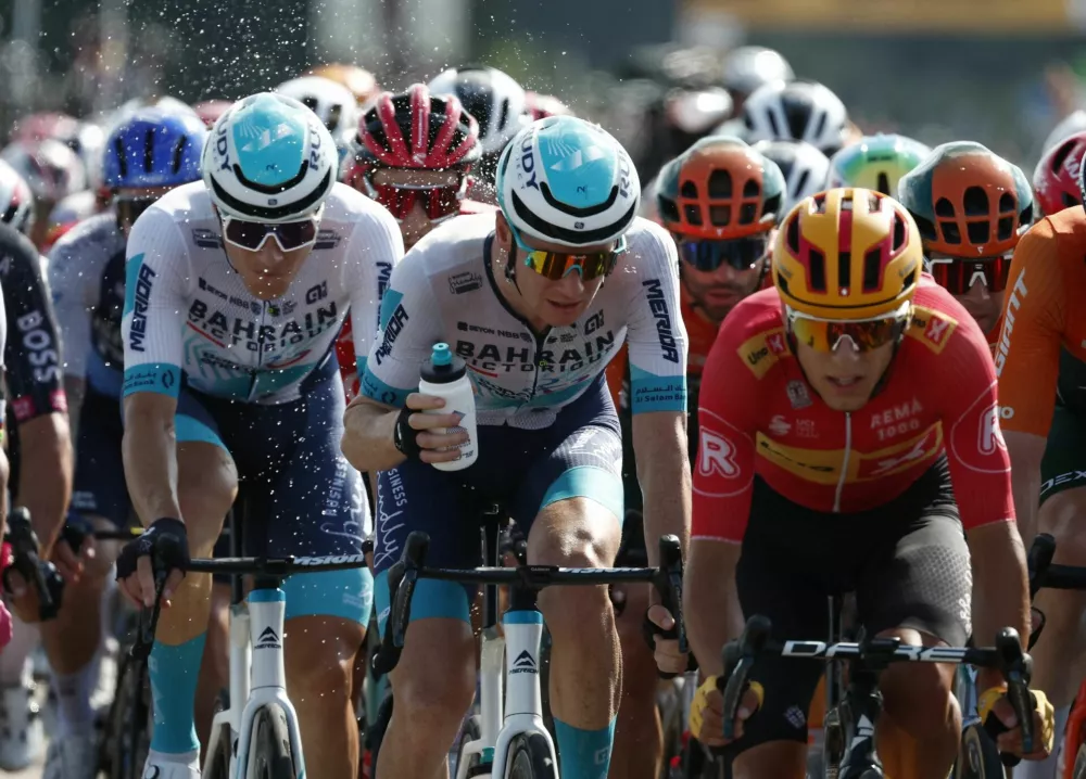Cycling - Tour de France - Stage 16 - Gruissan to Nimes - Gruissan, France - July 16, 2024 Bahrain - Victorious' Matej Mohoric in action in the peloton during stage 16 REUTERS/Stephane Mahe