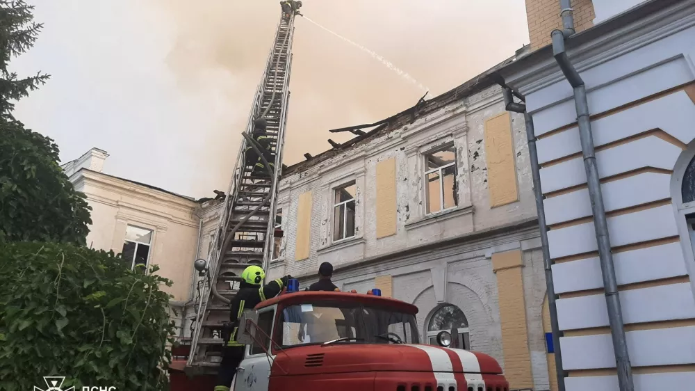 Firefighters work at the site of the headquarters of the Special purposes emergency rescue squad that was hit by a Russian drone strike, amid Russia's attack on Ukraine, in Kropyvnytskyi, Ukraine July 28, 2025. Press service of the State Emergency Service of Ukraine in Kirovohrad region/Handout via REUTERS ATTENTION EDITORS - THIS IMAGE HAS BEEN SUPPLIED BY A THIRD PARTY. DO NOT OBSCURE LOGO.