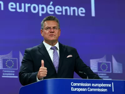 European Commissioner for Trade Maros Sefcovic attends a press conference on EU-US trade deal, in Brussels, Belgium, July 28, 2025. REUTERS/Yves Herman