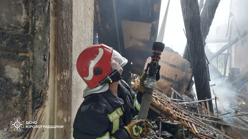 In this photo provided by the Ukrainian Emergency Service, firefighters put out the fire in a fire department school following a Russian air attack in Kropyvnytskyi, Ukraine, Monday, July 28, 2025. (Ukrainian Emergency Service via AP)