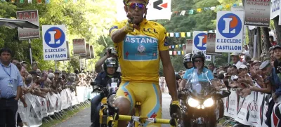 Spanish cyclist for the Astana team, Alberto Contador crosses the finish line to win the Criterium International de Castillon cycling classic in Castillon-la-Bataille, southwestern France, Tuesday, Aug. 3, 2010. Three-time winner of the Tour de France, Contador, has decided to join Bjarne Riis's Team Saxo Bank on a two-year deal. (AP Photo/Bob Edme)