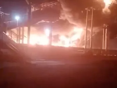 Smoke and flames rise at a railway station in Salsk, Rostov Region in Russia in this&nbsp;screengrab&nbsp;obtained from a video released on July 29, 2025. Social Media/via REUTERS THIS IMAGE HAS BEEN SUPPLIED BY A THIRD PARTY. MANDATORY CREDIT. NO RESALES. NO ARCHIVES. NEWS USE ONLY. Verification lines - Reuters was able to confirm the location by stairs, electric poles and road layout which matched file and satellite imagery. Reuters was not able to independently confirm the date of this video. However Russian authorities said drone attack on the area overnight on Tuesday (July 29) sparked a fire and suspended train traffic.