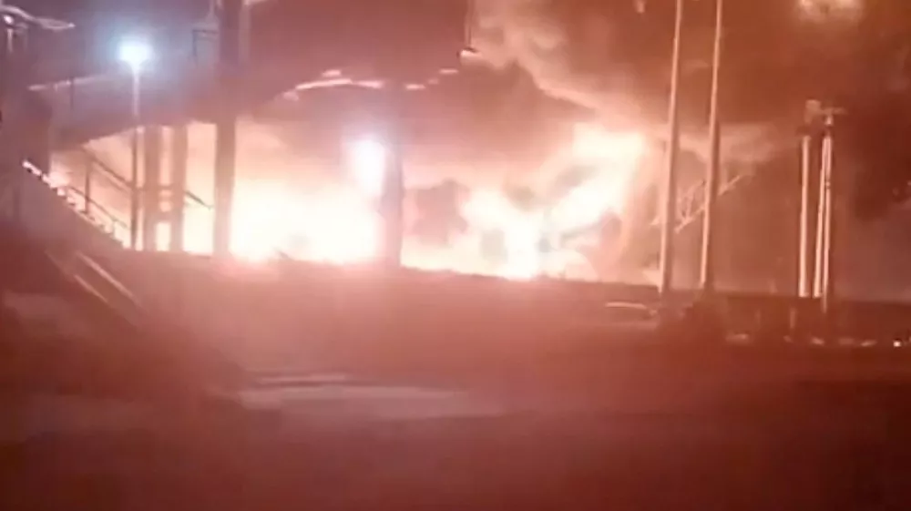 Smoke and flames rise at a railway station in Salsk, Rostov Region in Russia in this&nbsp;screengrab&nbsp;obtained from a video released on July 29, 2025. Social Media/via REUTERS THIS IMAGE HAS BEEN SUPPLIED BY A THIRD PARTY. MANDATORY CREDIT. NO RESALES. NO ARCHIVES. NEWS USE ONLY. Verification lines - Reuters was able to confirm the location by stairs, electric poles and road layout which matched file and satellite imagery. Reuters was not able to independently confirm the date of this video. However Russian authorities said drone attack on the area overnight on Tuesday (July 29) sparked a fire and suspended train traffic.
