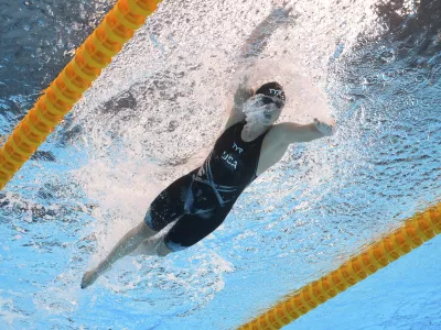 Katie Ledecky of the United States competes in the women's 1500m freestyle final at the World Aquatics Championships in Singapore, Tuesday, July 29, 2025. (AP Photo/Lee Jin-man)