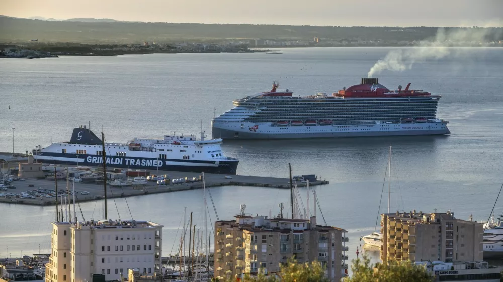 Palma de Mallorca Grimaldi lines and Virgin Voyages cruise ships in the harbour, Majorca Balearic island, Spain.,Image: 951266394, License: Rights-managed, Restrictions:, Model Release: no