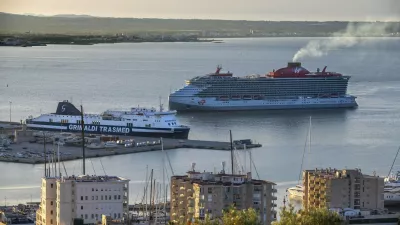 Palma de Mallorca Grimaldi lines and Virgin Voyages cruise ships in the harbour, Majorca Balearic island, Spain.,Image: 951266394, License: Rights-managed, Restrictions:, Model Release: no