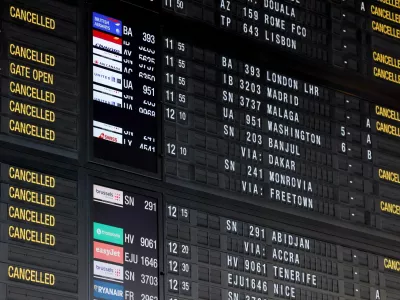 A board shows cancelled flights at Brussels Airport during a national strike, in Zaventem near Brussels, Belgium November 9, 2022. REUTERS/Yves Herman