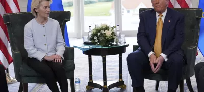 President Donald Trump meets European Commission President Ursula von der Leyen for bilateral talks at the Trump Turnberry golf course in Turnberry, Scotland Sunday, July 27, 2025. (AP Photo/Jacquelyn Martin)