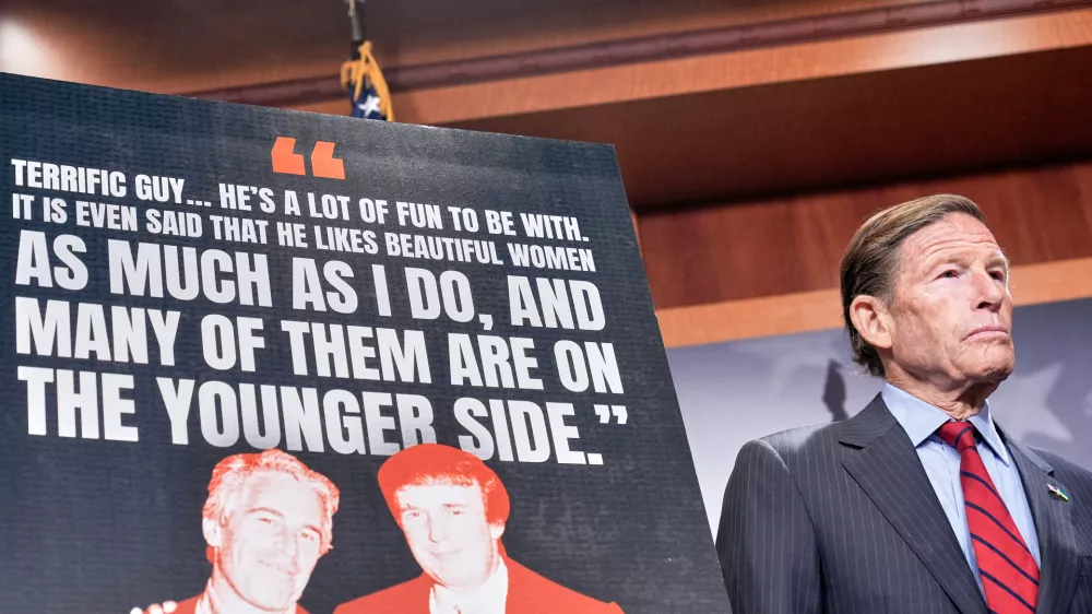 Sen. Richard Blumenthal, D-Conn., listens during a news conference about the Jeffrey Epstein files, Wednesday, July 30, 2025, at the Capitol in Washington. (AP Photo/Mariam Zuhaib)