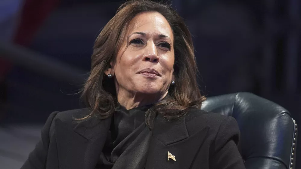 FILE - Vice President Kamala Harris attends a Department of Defense Commander in Chief farewell ceremony at Joint Base Myer-Henderson Hall, Jan. 16, 2025, in Arlington, Va. (AP Photo/Evan Vucci, File)