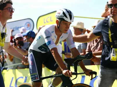 Cycling - Tour de France - Stage 13 - Loudenvielle to Peyragudes - Loudenvielle, France - July 18, 2025 Soudal Quick-Step's Remco Evenepoel reacts after stage 13 REUTERS/Sarah Meyssonnier