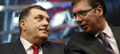 Milorad Dodik (L), president of the Republika Srpska, and Serbian Prime Minister Aleksandar Vucic attend the official celebration ceremony of Republika Srpska Statehood Day in Banja Luka, Bosnia and Herzegovina, January 9, 2015. Bosnian Serbs organised celebrations of the Statehood Day of their half of Bosnia despite the constitutional court's ruling to change the date for the holiday which was found to discriminate against other ethnic groups because it is also celebrated as an Orthodox holiday. REUTERS/Dado Ruvic - RTX21MM7