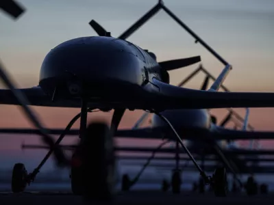 FILE - Long-range drones An-196 Liutyi of the Defence Intelligence of Ukraine stand in line before takeoff in undisclosed location, Ukraine, Feb. 28, 2025. (AP Photo/Evgeniy Maloletka, File)