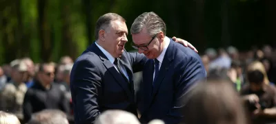 27.04.2025., Spomen-podrucje Donja Gradina, Kozarska Dubica (BiH) - U memorijalnom kompleksu Donja Gradina obiljezava se "Dan sjecanja na zrtve genocida nad Srbima, Jevrejima i Romima u Nezavisnoj Držzvi Hrvatskoj i 80 godina od proboja logorasa iz koncentracionog logora Jasenovac". Obiljezavanju prisustvuju predsdjednik Srbije Aleksandar Vucic, predsjednik RS Milorad Dodik, predsjednik NSRS Nenad Stevandic, premijer RS Radovan Viskovic, kao i mnoge visoke zvanice iz RS, Srbije, regiona i svijeta. Photo: Dejan Rakita/PIXSELL