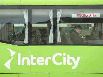 An Intercity bus prepares to depart from Timaru, New Zealand on Oct. 14, 2022. (Aiman Amerul Muner/STUFF via AP)