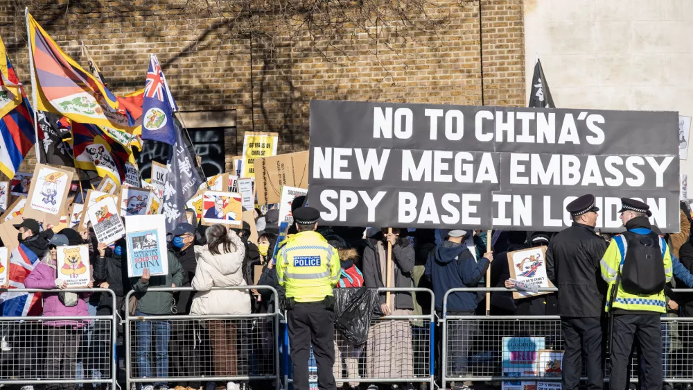 March 15, 2025, London, England, United Kingdom: Thousands of Hong Kongers, Taiwanese, Tibetans, Uyghurs and supporters gathered by the historic former Royal Mint Court in London to protest against the plan to move the Chinese Embassy to this historical site. Protesters says the Chinese Government is not trustworthy and going to use the embassy to spy on Britain. Along it will be the largest Chinese Embassy in whole Europe. (Credit Image: &copy; Krisztian Elek/ZUMA Press Wire)