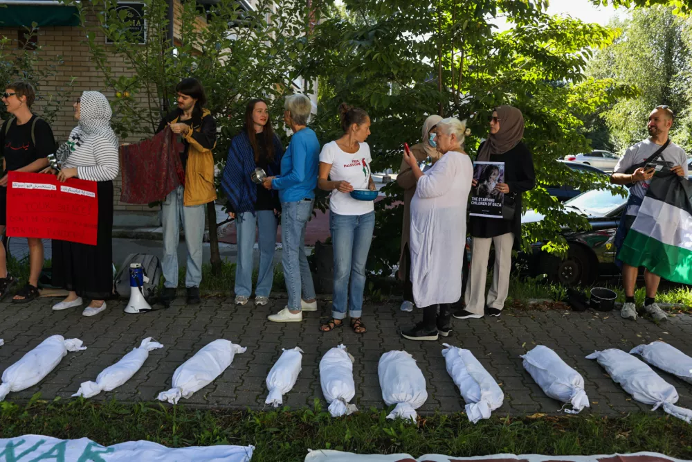 0508.2025. Protest proti genocidu v Gazi pred veleposlani&scaron;tvom Arabske Republike Egipt v Ljubljani. Foto:Bojan Velikonja 
