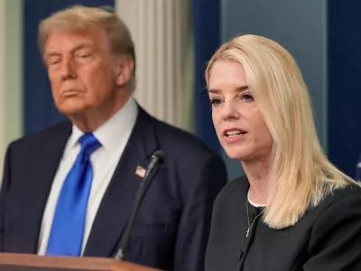 FILE PHOTO: U.S. Attorney General Pam Bondi speaks to the media, in the Press Briefing Room at the White House in Washington D.C., June 27, 2025. REUTERS/Ken Cedeno//File Photo