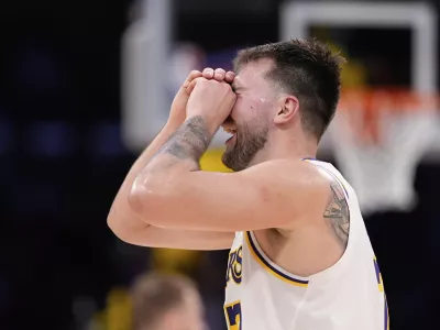 Los Angeles Lakers guard Luka Doncic reacts to a foul call that went against him during the first half in Game 1 of an NBA first-round playoff series against the Minnesota Timberwolves, Saturday, April 19, 2025, in Los Angeles. (AP Photo/Mark J. Terrill)