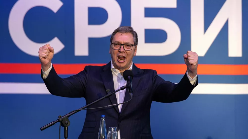 Serbia's President Aleksandar Vucic speaks during a rally to promote the newly formed "The Movement for the People and the State," and to express opposition to months of student protests, in Nis, Serbia, May 17, 2025. REUTERS/Marko Djurica