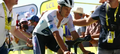 Cycling - Tour de France - Stage 13 - Loudenvielle to Peyragudes - Loudenvielle, France - July 18, 2025 Soudal Quick-Step's Remco Evenepoel reacts after stage 13 REUTERS/Sarah Meyssonnier