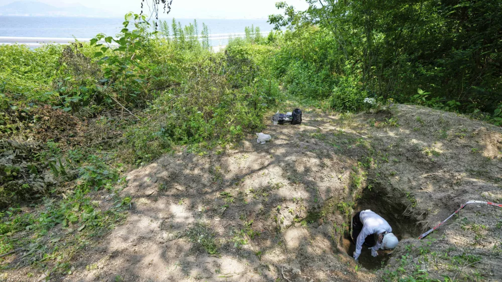 Rebun Kayo, a Hiroshima University researcher, searches for remains of victims of the 1945 Hiroshima bombing in Ninoshima in Hiroshima, western Japan, Tuesday, July 8, 2025. (AP Photo/Eugene Hoshiko)