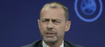 UEFA President Aleksander Ceferin speaks during a press conference after the 49th ordinary UEFA congress, in Belgrade, Serbia, Thursday, April 3, 2025. (AP Photo/Darko Vojinovic)