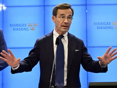 Ulf Kristersson, leader of the Moderate Party, speaks during a press conference regarding the formation of the government, at the Parliament in Stockholm, Sweden, Friday Oct. 14, 2022. (Jonas Ekstr&ouml;mer/TT News Agency via AP)