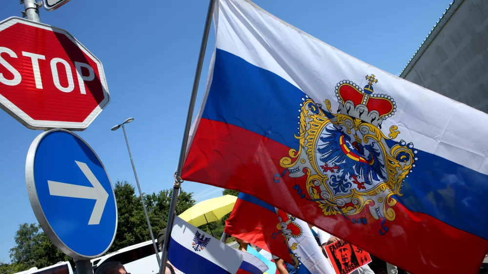 protest Ukrajincev, ki živijo v Sloveniji - domobranska zastava - - Kranjska deželna zastava - grb dežele Kranjske - moder orel z rdečimi nogami - - 30.07.2016 - Obisk predsednika Rusije Vladimirja Putina v Sloveniji - Foto: Tomaž Skale / Foto: Tomaž Skale