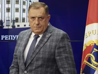 Bosnian Serb President Milorad Dodik looks on during a press conference after an appeals court in Bosnia-Herzegovina confirmed an earlier court ruling that sentenced to one year in prison and banned him from politics for six years over his separatist actions, in the Bosnian town of Banja Luka, 240 kms northwest of Sarajevo, Friday, August. 1, 2025. (AP Photo/Radivoje Pavicic)