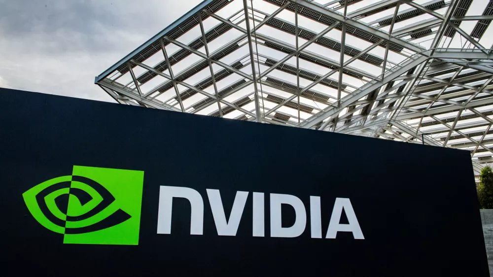 FILED - 23 February 2024, US, Santa Clara: The logo of the chip company Nvidia pictured at the headquarters in Silicon Valley. Photo: Andrej Sokolow/dpa