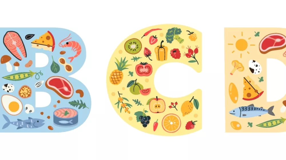 Vitamins A, B, C, D and E with food sources. Fruits, vegetables, nuts, berries, Sea food, fish and meat. Trendy modern vector illustration isolated on white background, hand drawn, flat design. / Foto: Elena Shlyuykova