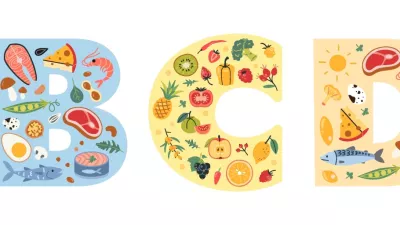 Vitamins A, B, C, D and E with food sources. Fruits, vegetables, nuts, berries, Sea food, fish and meat. Trendy modern vector illustration isolated on white background, hand drawn, flat design. / Foto: Elena Shlyuykova