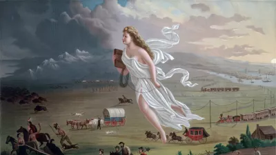 Slika Ameri&scaron;ki napredek (1872) Johna Gasta je alegorična upodobitev modernizacije novega zahoda. Kolumbija, poosebitev Združenih držav, je prikazana, kako z ameri&scaron;kimi naseljenci vodi civilizacijo. / Foto: Wikipedia