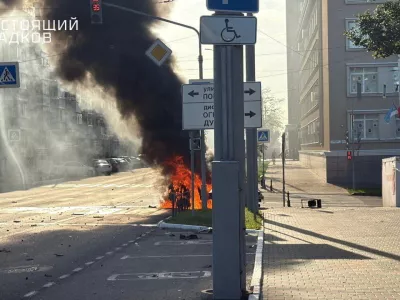 A car burns following what local authorities called a Ukrainian drone attack in the course of Russia-Ukraine conflict in Belgorod, Russia August 14, 2025. Governor of Belgorod Region Vyacheslav Gladkov via Telegram/Handout via REUTERS ATTENTION EDITORS - THIS IMAGE HAS BEEN SUPPLIED BY A THIRD PARTY. NO RESALES. NO ARCHIVES. MANDATORY CREDIT. WATERMARK FROM SOURCE.