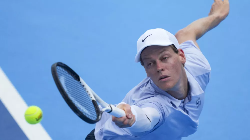 Aug 13, 2025; Cincinnati, OH, USA; Jannik Sinner (ITA) returns a shot against Adrian Mannarino (FRA) during the Cincinnati Open at the Lindner Family Tennis Center. Mandatory Credit: Aaron Doster-Imagn Images