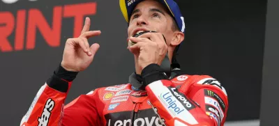 MotoGP - Austrian Grand Prix - Red Bull Ring, Spielberg, Austria - August 16, 2025 Ducati Lenovo Team's Marc Marquez celebrates after winning the sprint race REUTERS/Gintare Karpaviciute
