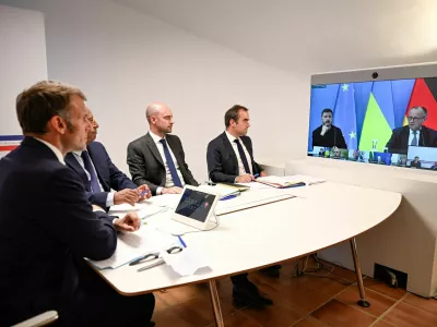French President Emmanuel Macron, Antonio Costa, President of the European Council, French Minister for Europe and Foreign Affairs Jean-Noel Barrot, and France's Minister of Armed Forces Sebastien Lecornu attend a video conference with Ukraine's President Volodymyr Zelensky and German Chancellor Friedrich Merz to discuss the ongoing war in Ukraine, at Fort de Bregancon in Bormes-les-Mimosas, France, 13 August 2025. PHILIPPE MAGONI/Pool via Reuters