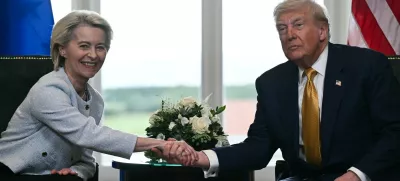 (FILES) US President Donald Trump (R) shakes hands with European Commission President Ursula von der Leyen (L) after agreeing on a trade deal between the two economies following their meeting, in Turnberry south west Scotland on July 27, 2025, on the third day of his visit to the country, since his second tenure as President began. US President Donald Trump ordered the reimposition of tariffs on dozens of trading partners on July 31, 2025 -- his cornerstone strategy for reshaping global trade to benefit the US economy. However in a minor reprieve, the White House said the measures will take effect in a week, not on August 1 as previously expected.,Image: 1027041292, License: Rights-managed, Restrictions:, Model Release: no