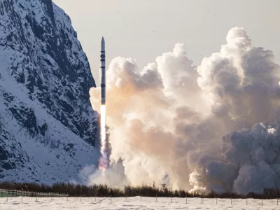 In this photo provided by Isar Aerospace, Photo Wingmen Media, Isar Aerospace test rocket "Spectrum" lifts off for a test flight at Andoya Spaceport in Nordmela, on And&oslash;ya island, Norway, Sunday, March 30, 2025. (Isar Aerospace, Photo Wingmen Media via AP)