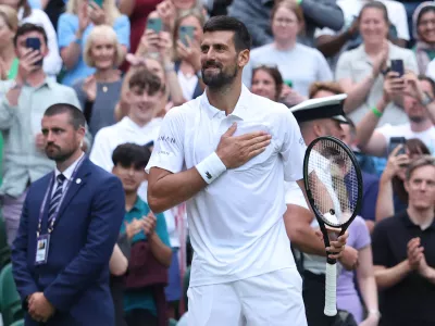 Tennis - Wimbledon - All England Lawn Tennis and Croquet Club, London, Britain - July 5, 2025 Serbia's Novak Djokovic celebrates after winning his third round match against Serbia's Miomir Kecmanovic REUTERS/Toby Melville