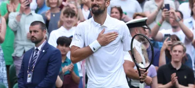Tennis - Wimbledon - All England Lawn Tennis and Croquet Club, London, Britain - July 5, 2025 Serbia's Novak Djokovic celebrates after winning his third round match against Serbia's Miomir Kecmanovic REUTERS/Toby Melville