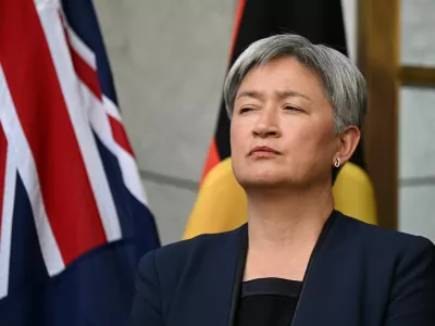 Australian Foreign Affairs Minister Penny Wong looks on, during a press conference at Parliament House in Canberra, Australia, August 26, 2025. AAP/Lukas Coch via REUTERS  ATTENTION EDITORS - THIS IMAGE WAS PROVIDED BY A THIRD PARTY. NO RESALES. NO ARCHIVE. AUSTRALIA OUT. NEW ZEALAND OUT. NO COMMERCIAL OR EDITORIAL SALES IN NEW ZEALAND. NO COMMERCIAL OR EDITORIAL SALES IN AUSTRALIA.
