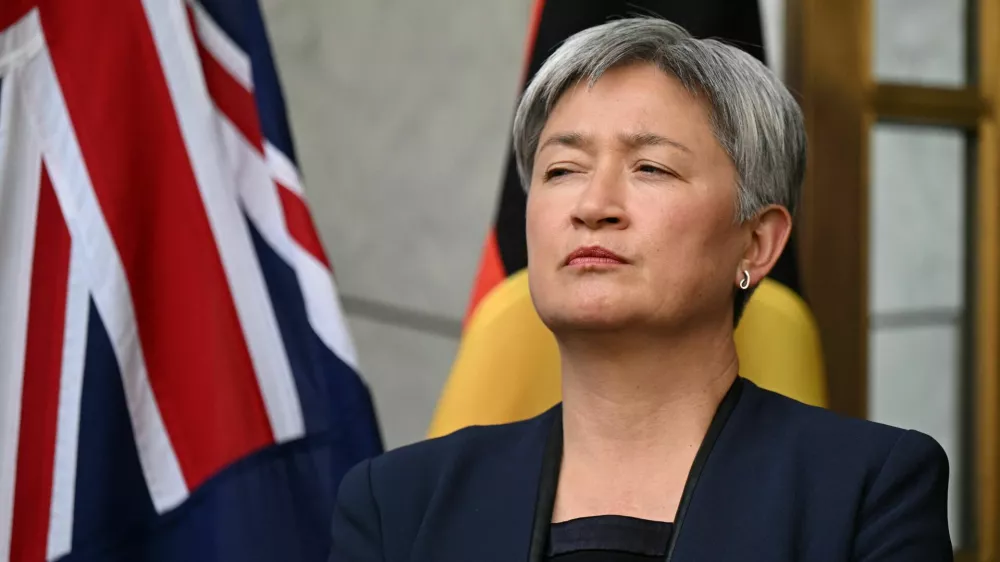 Australian Foreign Affairs Minister Penny Wong looks on, during a press conference at Parliament House in Canberra, Australia, August 26, 2025. AAP/Lukas Coch via REUTERS  ATTENTION EDITORS - THIS IMAGE WAS PROVIDED BY A THIRD PARTY. NO RESALES. NO ARCHIVE. AUSTRALIA OUT. NEW ZEALAND OUT. NO COMMERCIAL OR EDITORIAL SALES IN NEW ZEALAND. NO COMMERCIAL OR EDITORIAL SALES IN AUSTRALIA.