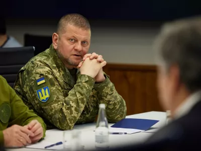 Commander-in-Chief of the Armed Forces of Ukraine Valeriy Zaluzhnyi attends a meeting with Ukraine's President Volodymyr Zelenskiy, U.S. Secretary of State Antony Blinken and U.S. Defense Secretary Lloyd Austin, as Russia's attack on Ukraine continues, in Kyiv, Ukraine April 24, 2022. Picture taken April 24, 2022. Ukrainian Presidential Press Service/Handout via REUTERS ATTENTION EDITORS - THIS IMAGE HAS BEEN SUPPLIED BY A THIRD PARTY.