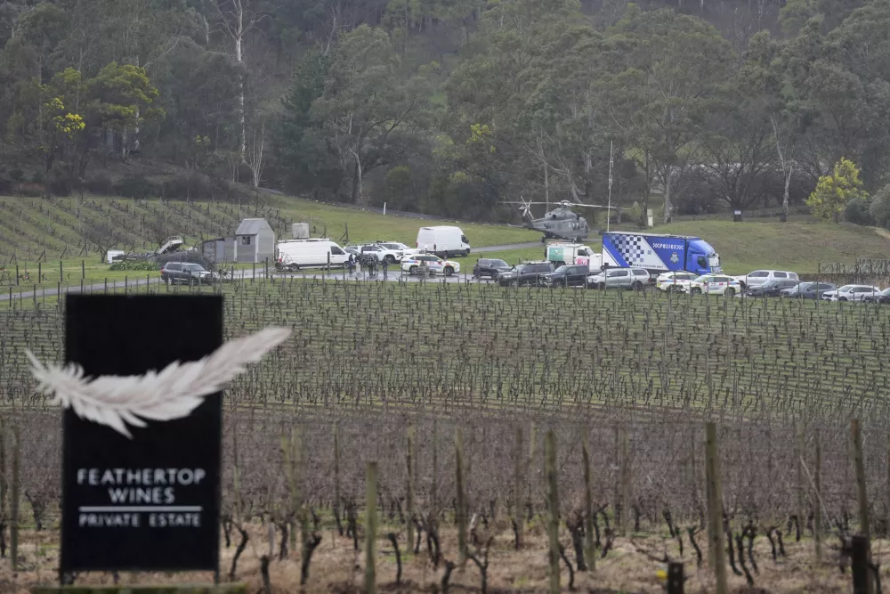 Police command area at Feathertop Winery in Porepunkah in Victoria, Australia, Wednesday, Aug. 27, 2025. (Simon Dallinger/AAP Image via AP)