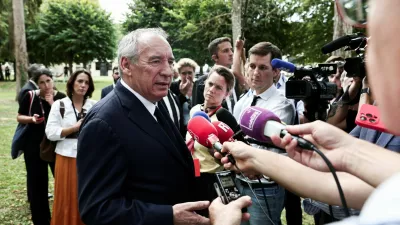 France's Prime Minister Francois Bayrou speaks to the press during French Democratic Confederation of Labour (CFDT) trade union's Summer Conferences 'Universites d'ete' at the Bierville estate in Boissy-la-Riviere, south of Paris, France August 26, 2025.   THIBAUD MORITZ/Pool via REUTERS